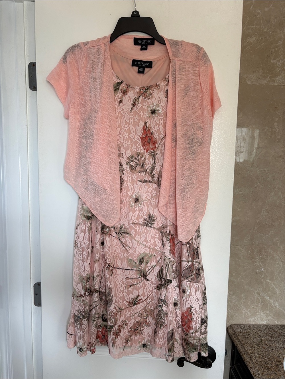 Perceptions Light Pink Floral Lace Dress with Matching short sleeve top
